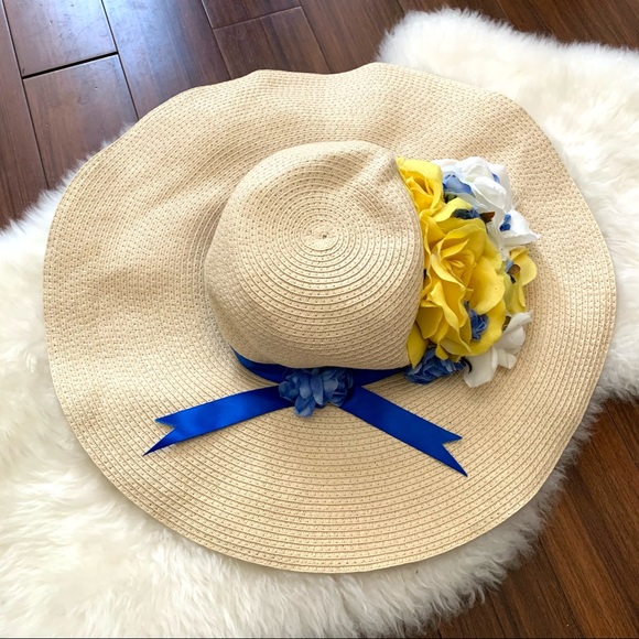 Retro PinUp Floppy Beach Hat, Blue Yellow Flowers - Picture 7 of 10